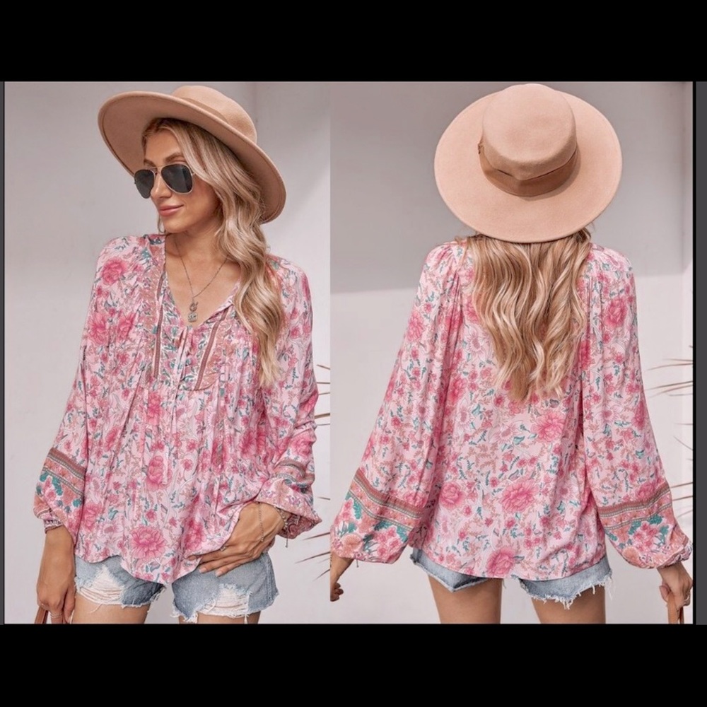 Pink Boho Festival Flowy Floral Blouse - Picture 1 of 8